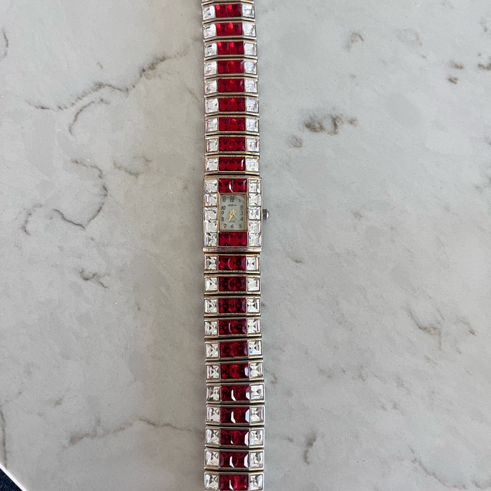 Geneva Elite Red and Silver Watch with Crystal Accents
